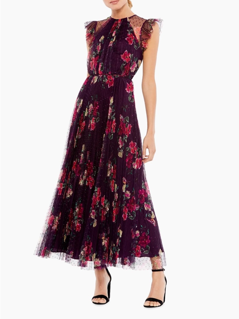 Ieena for Mac Duggal Cap Sleeve Floral A-Line Dress Floral Plum with Ruffle sz 6